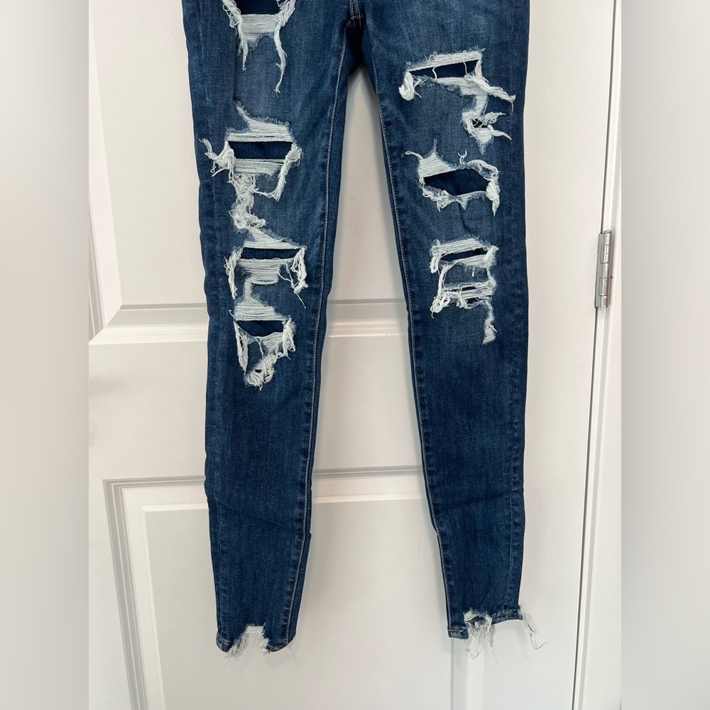 American Eagle Outfitters Dark Blue Distressed High Rise Jegging 4R - Picture 2 of 8
